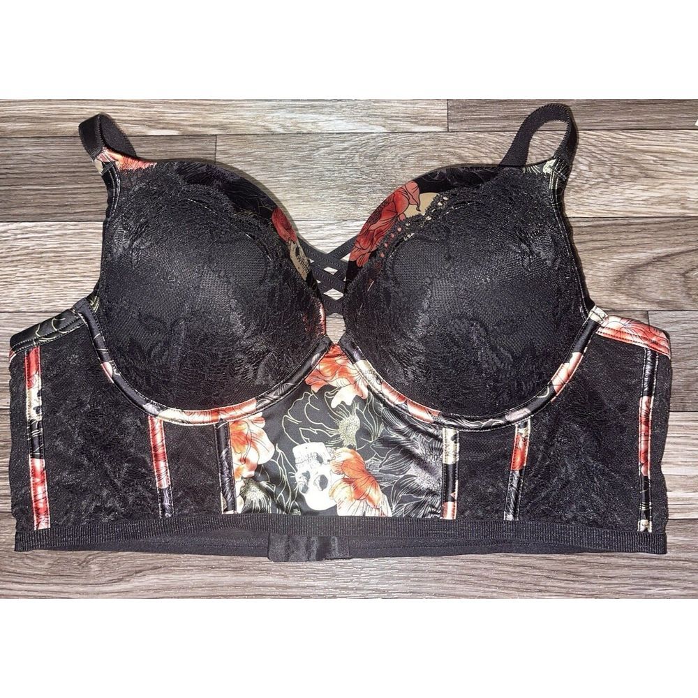 Torrid Curve 40C Black Floral Skull Underwire Padded Bra Corset Lace Halloween